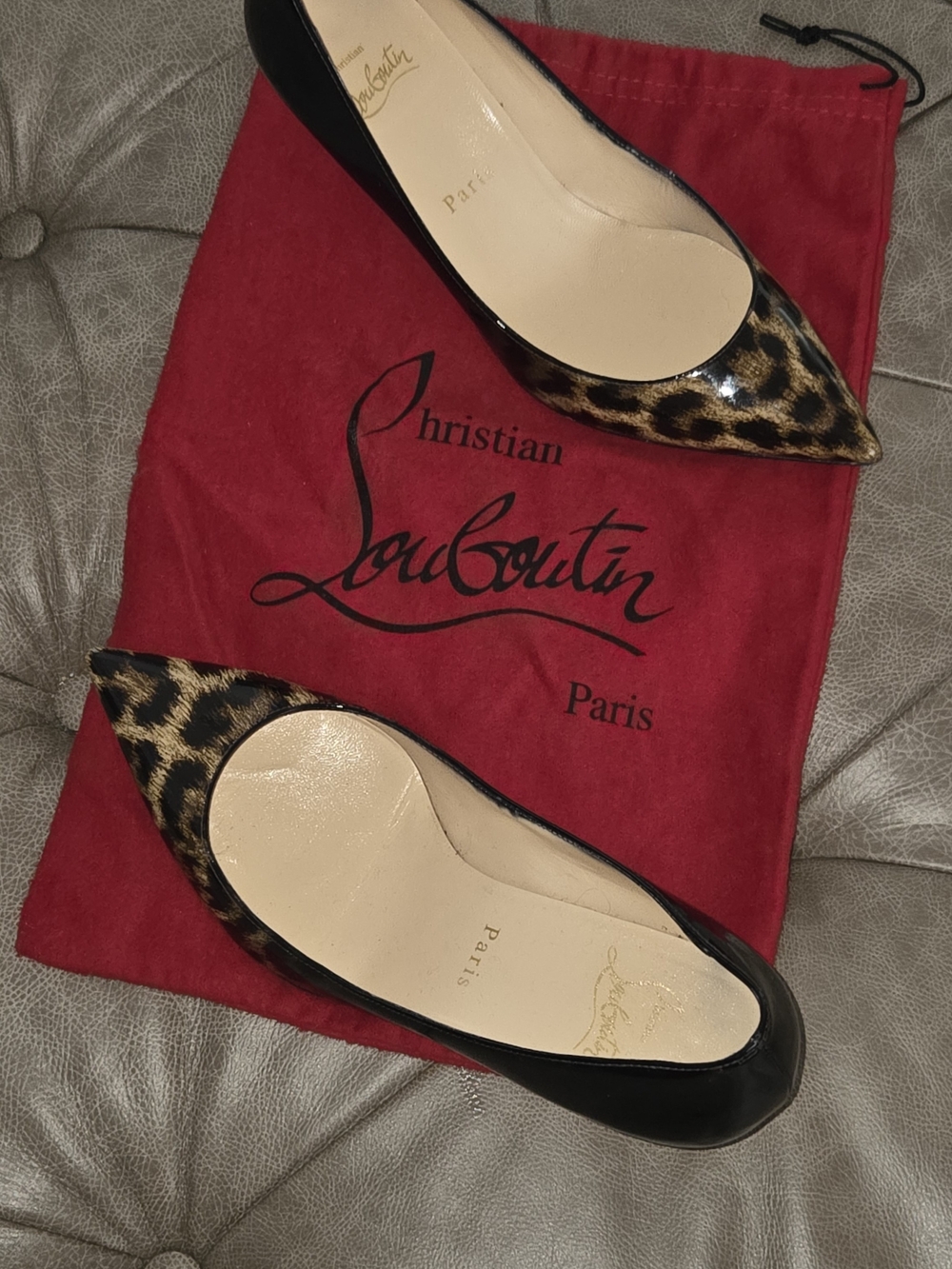 Christian Louboutin Black Leather Pumps with Leopard Print Pointed Toe